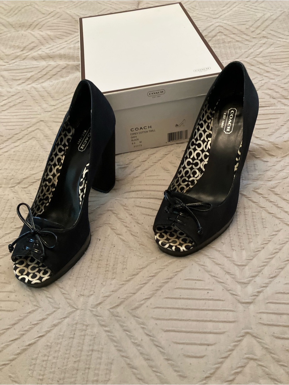 Coach Black Peep-Toe Block Heel Pumps with Bow